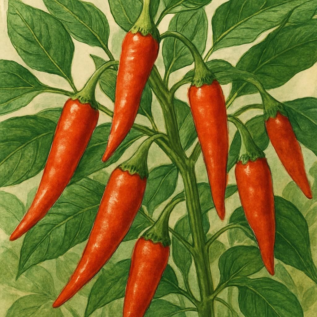 Ripe, vibrant red Pimenta Malagueta peppers on a plant with lush green leaves.