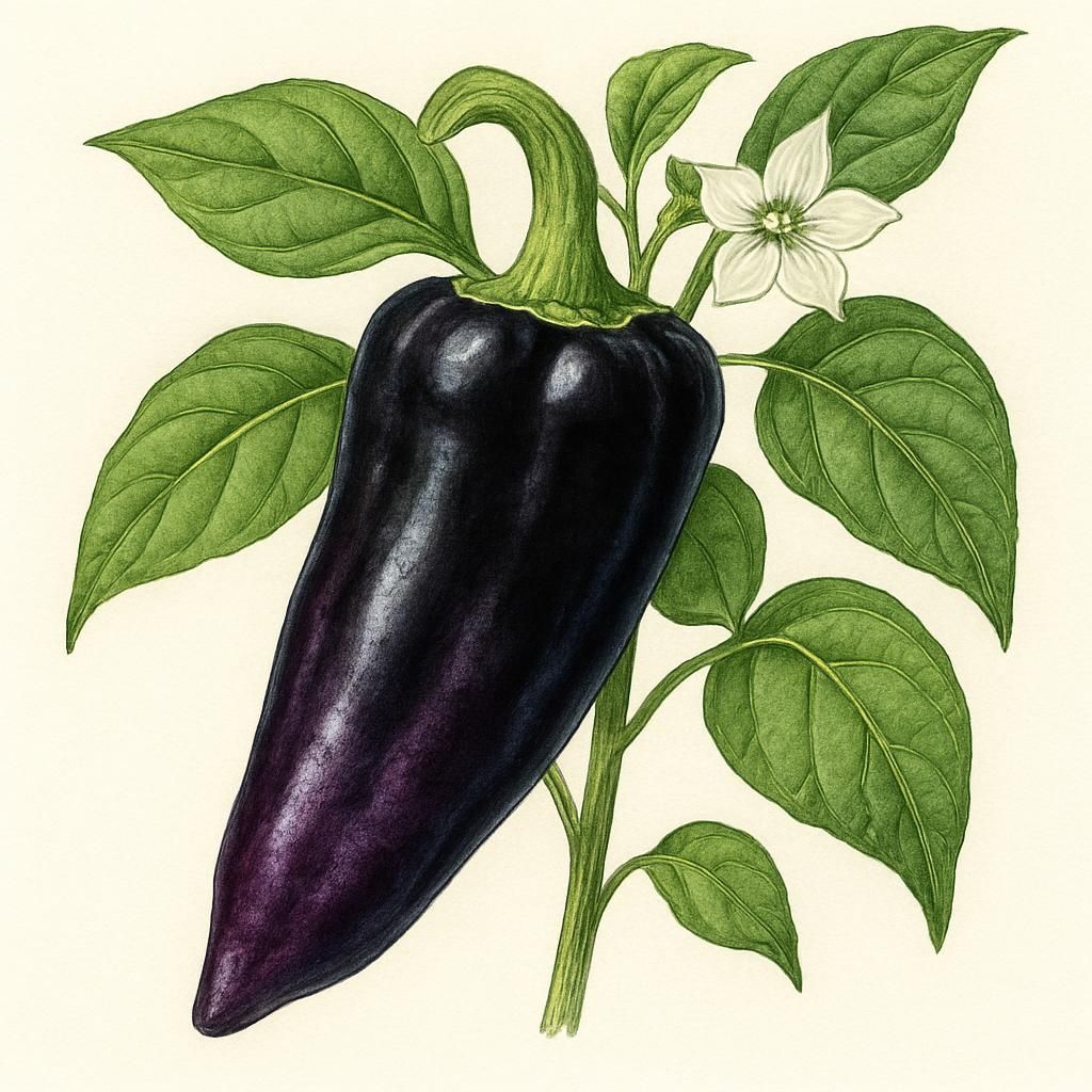 Close-up image of Pimento de Neide, showcasing its striking black and purple colors.
