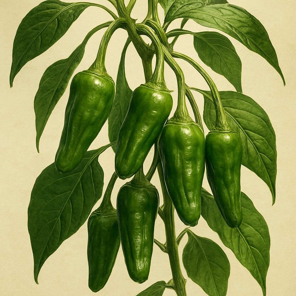 Close-up view of green Pimento de Padron peppers growing on the plant in a sunny garden.