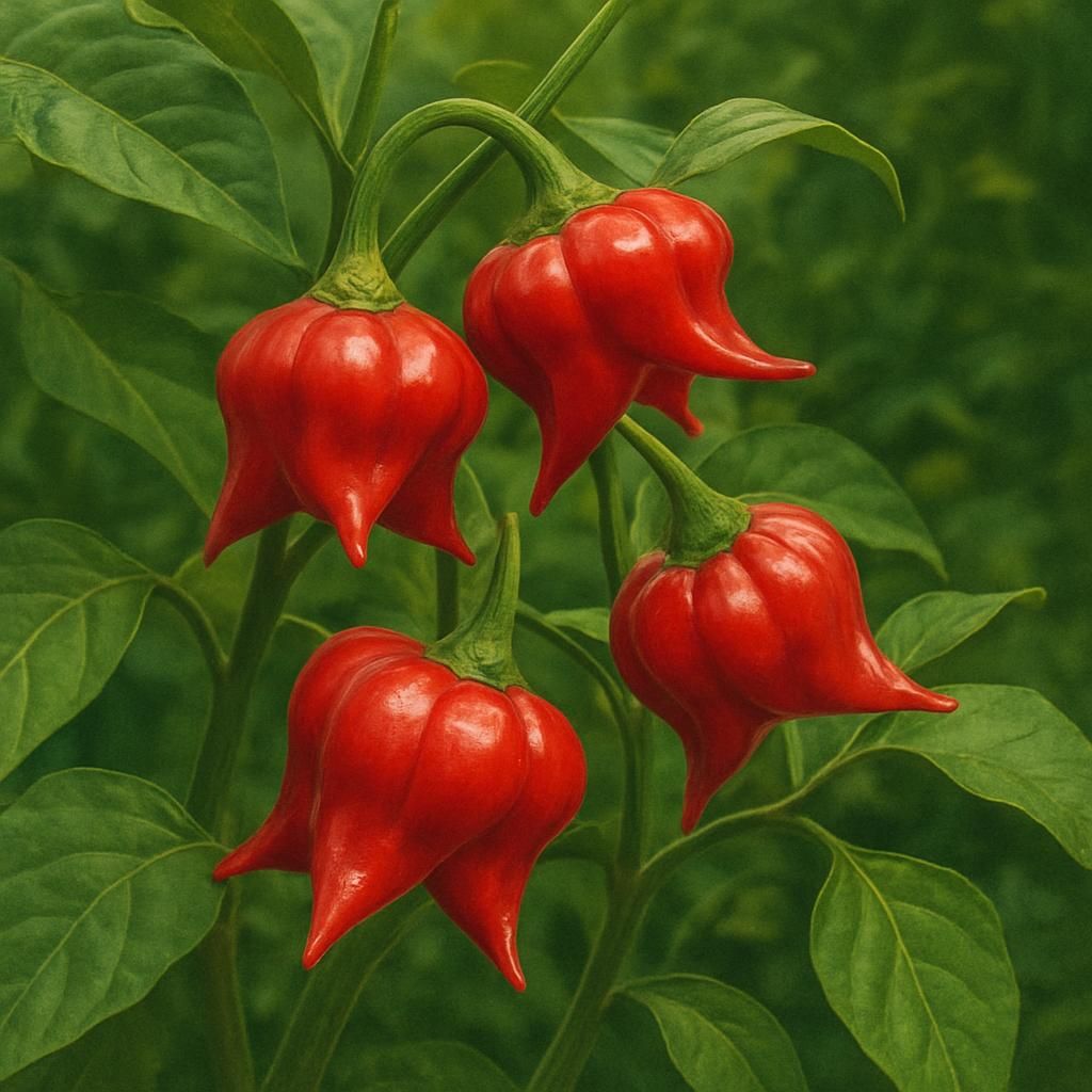 Close-up of Pimento do Bico peppers with vivid red color and distinctive three-winged shape.