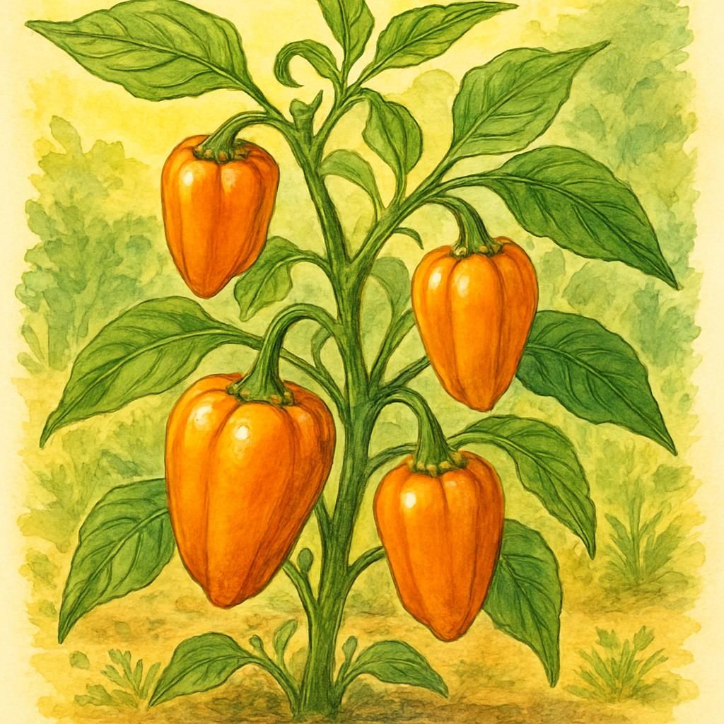 Close-up of a vibrant orange Pimento Laranja pepper in a garden.