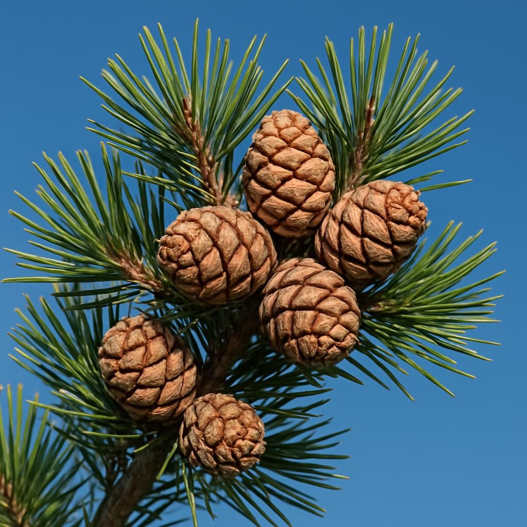 Close-up of Pinus edulis Colorado pinyon pine with ripening cones and two-needle foliage for pine nut growing guide