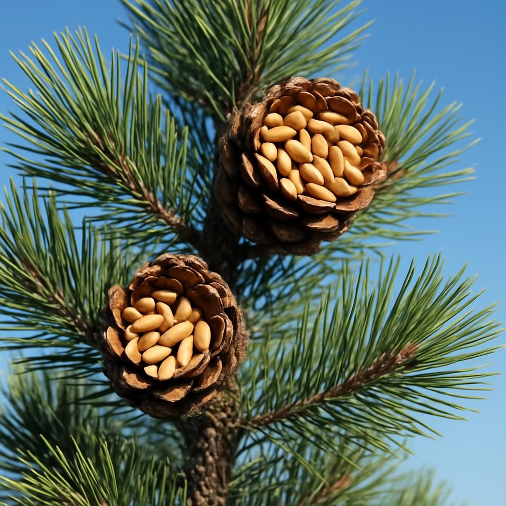 Close-up of Pinus gerardiana Chilgoza pine cones and edible pine nuts on tree