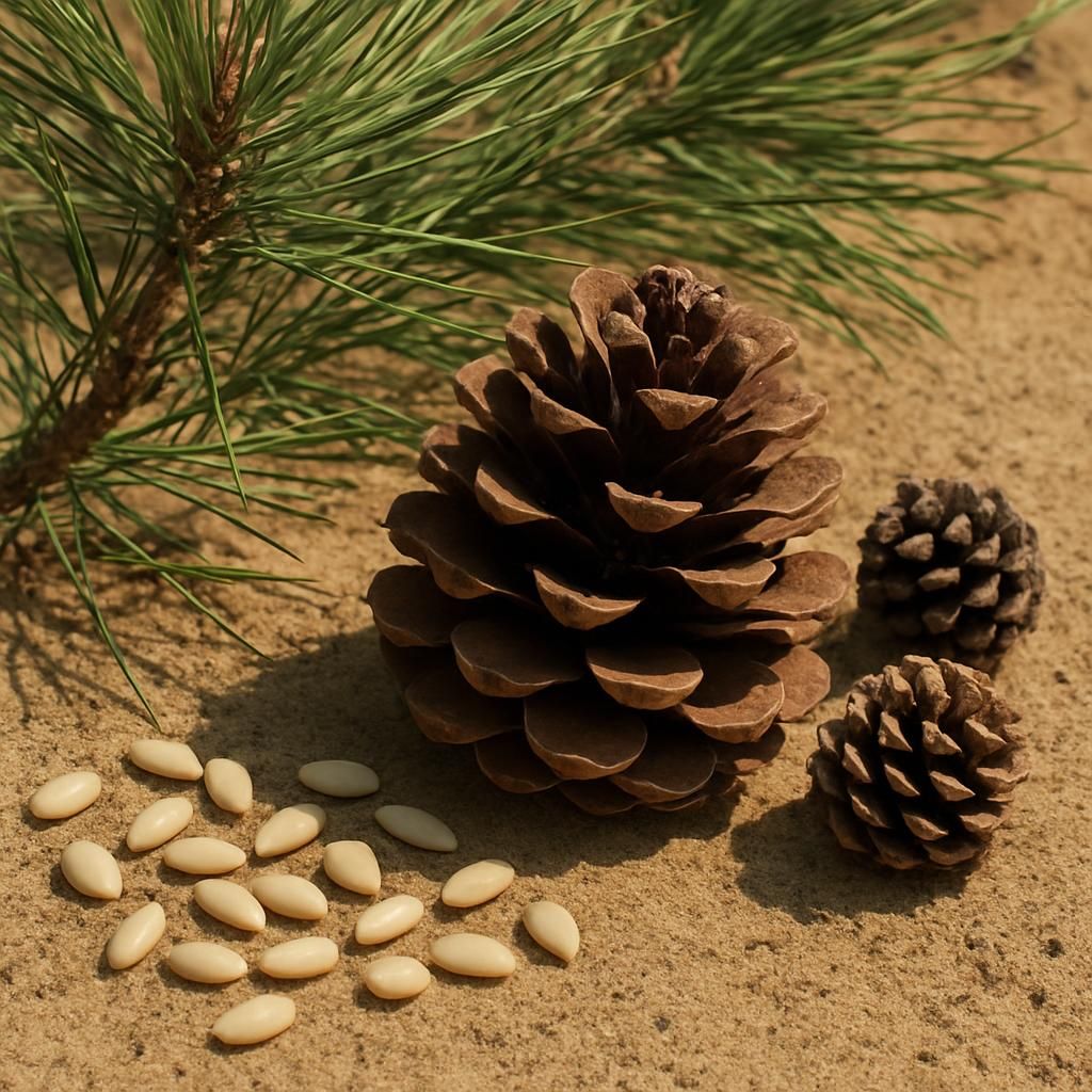 Close-up of Italian stone pine cones and edible pine nuts on sandy soil