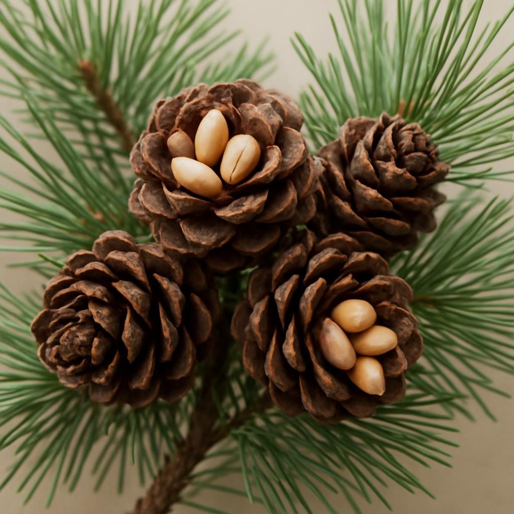 Close-up of Siberian pine branches with open cones showing large edible pine nuts
