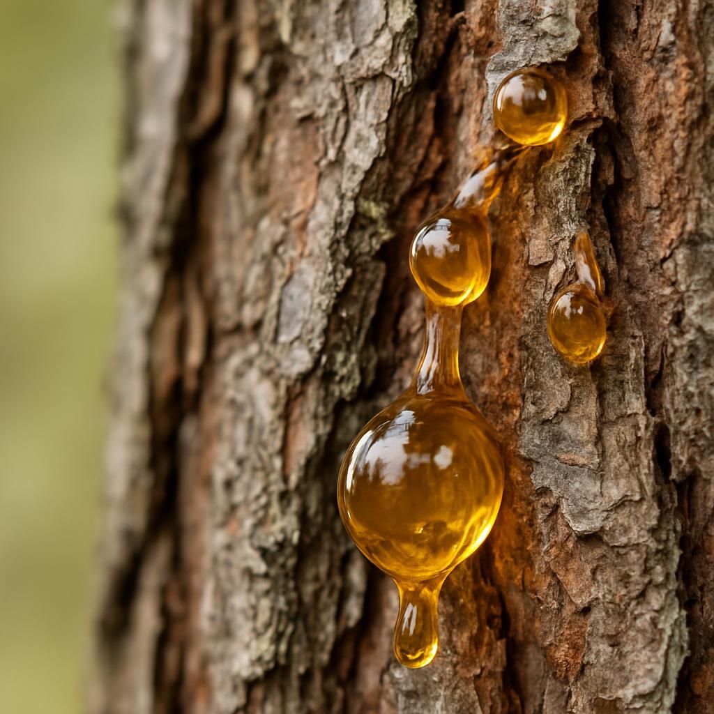 Close-up of golden pine resin exuding from mature pine bark in natural daylight