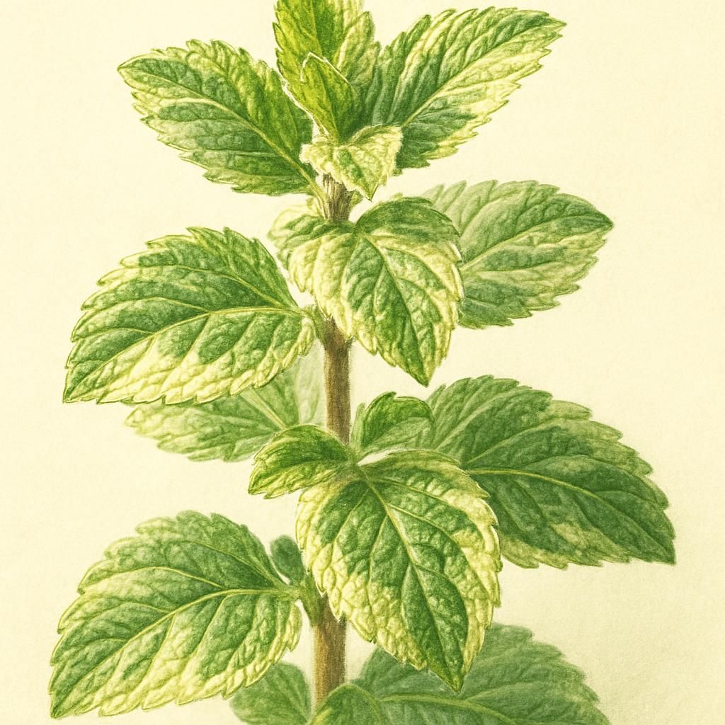 Close-up of Pineapple Mint foliage with green and cream variegated leaves.