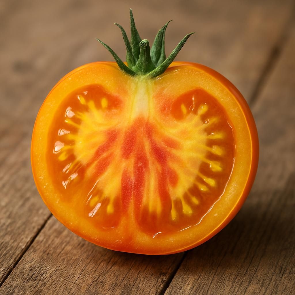 Close-up of sliced Pineapple Tomato revealing yellow-red marbled flesh on wooden surface