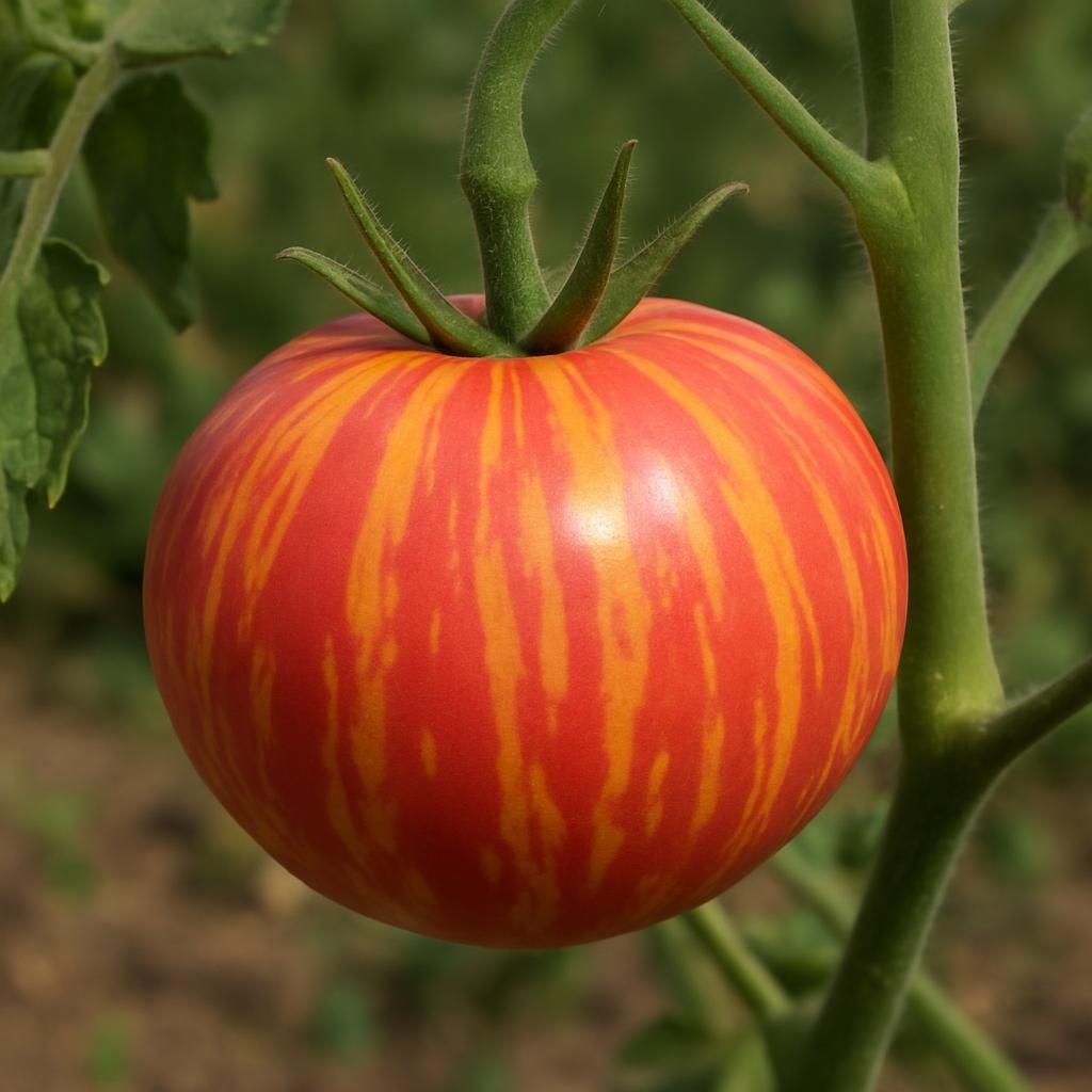 Ripe Pink Berkeley Tie-Dye Tomato showing pink and yellow striped skin on the vine