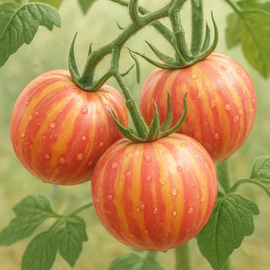 Close-up of ripe Pink Bumble Bee Tomato with pink-yellow stripes on the vine
