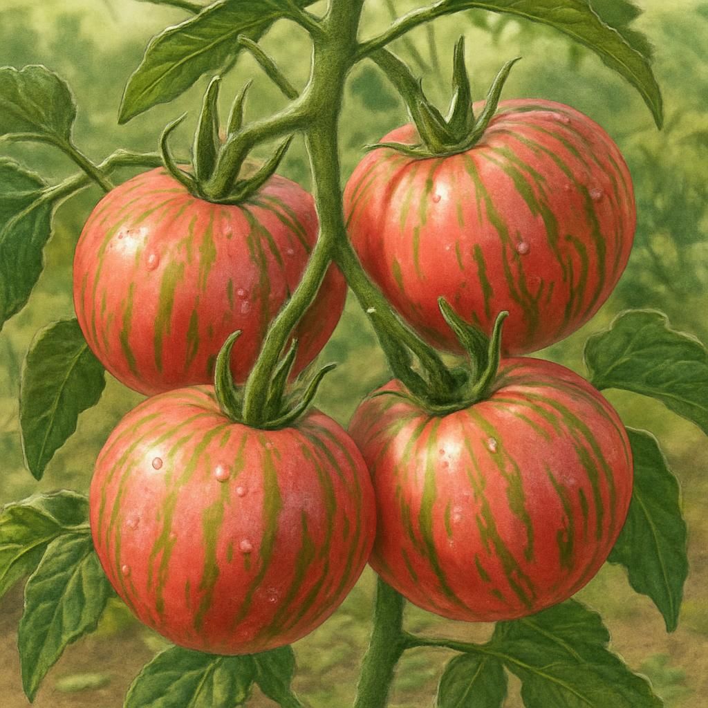 Ripe Pink Tiger Tomato fruits with distinctive pink and green stripes growing on healthy vines in sunlight