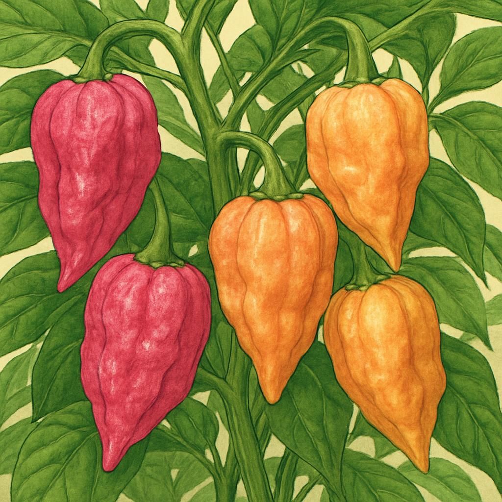 Close-up of Pink Tiger x Peach Ghost peppers on a plant, showing vibrant pink and peach hues with green leaves.