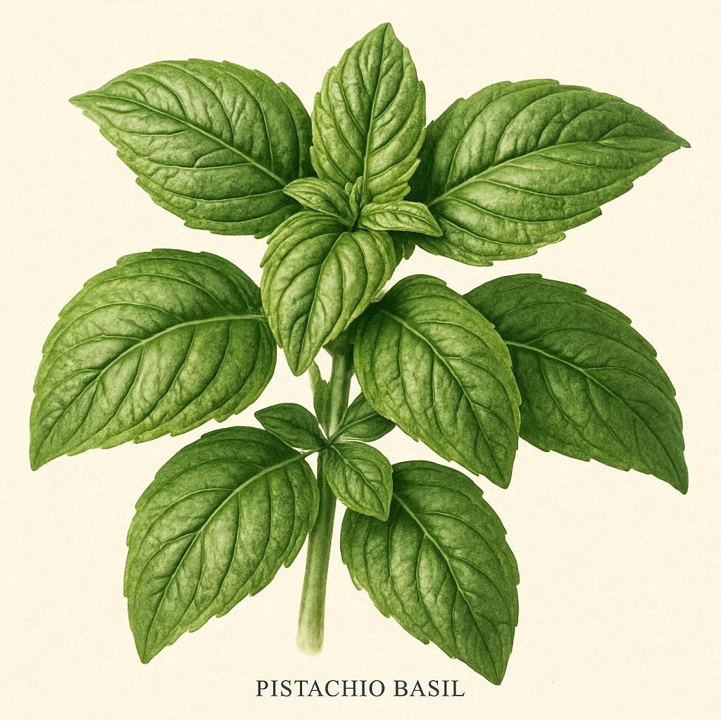 Close-up of Pistachio Basil leaves showcasing its nutty aroma and vibrant green color.