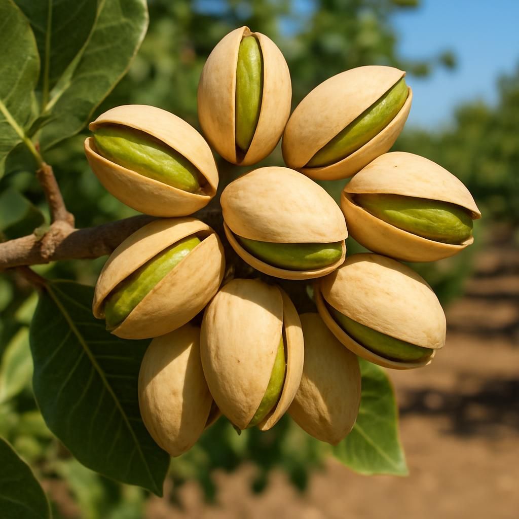 Close-up of Golden Hills pistachios showing split shells and vibrant green kernels on the tree