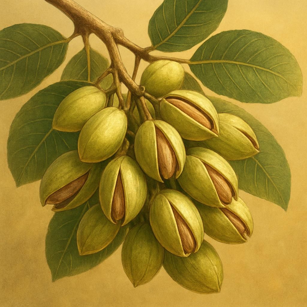 Close-up of Kerman pistachio nuts on tree showing split hulls and kernel quality