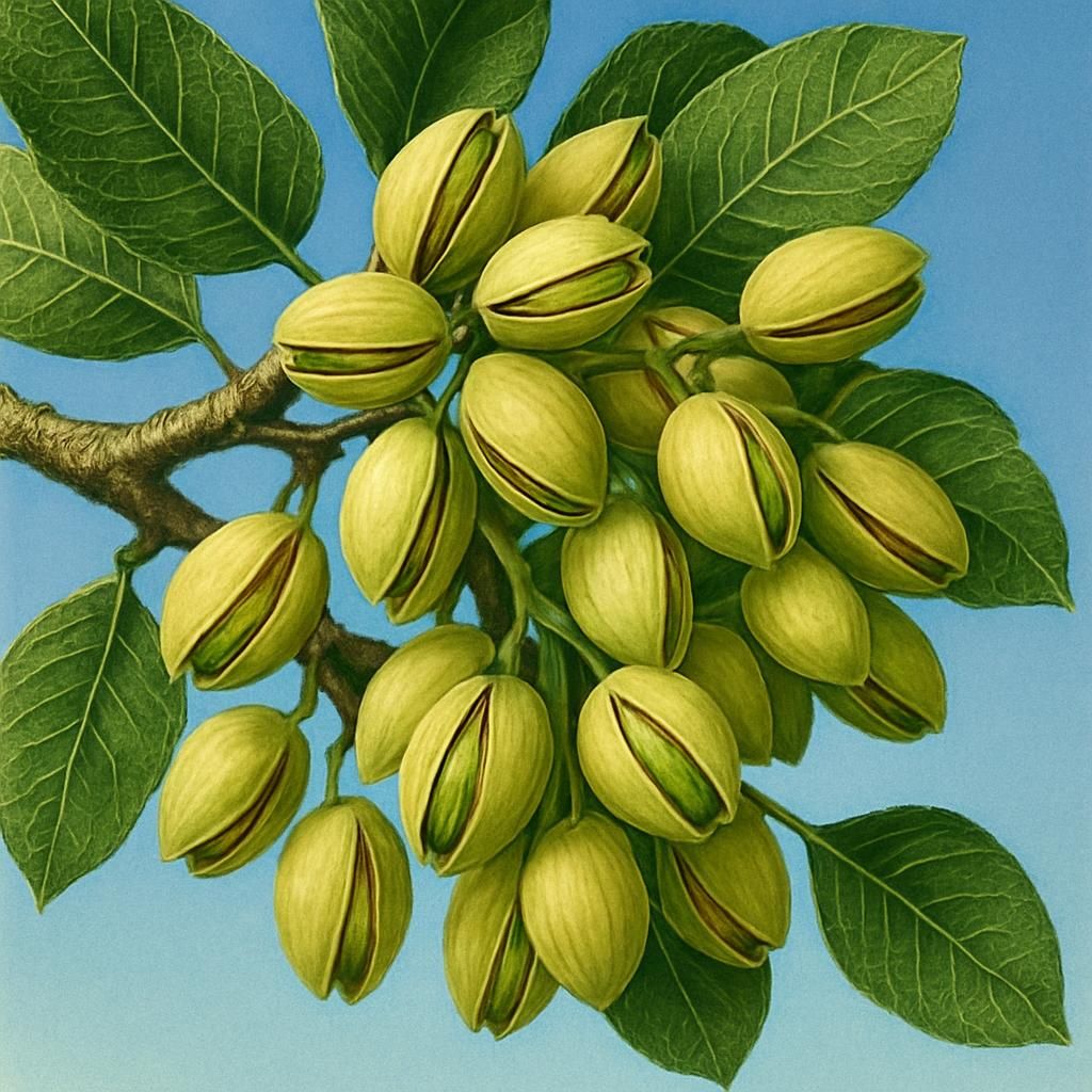 Ripe Lost Hills pistachios on tree showing split green hulls ready for harvest