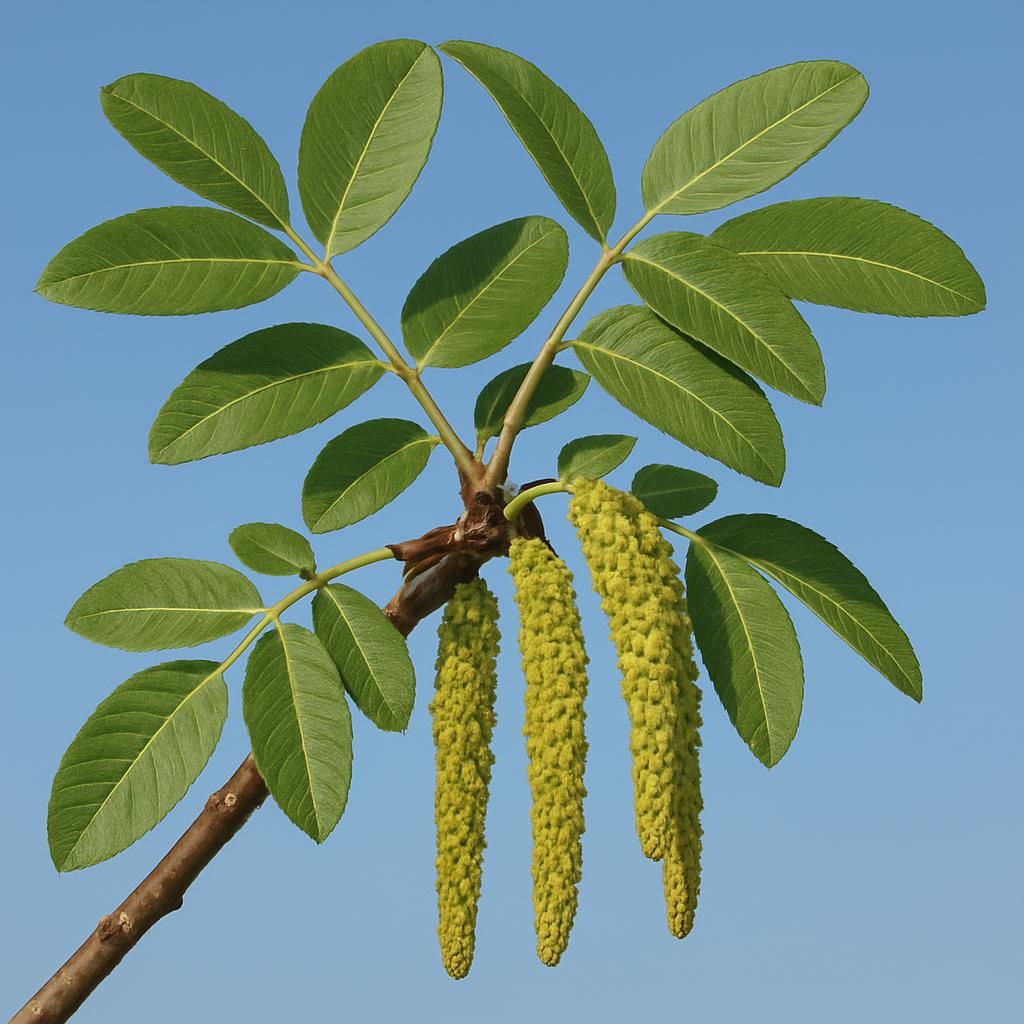 Close-up of Pistachio Peters pollinator catkins and leaves in an orchard setting