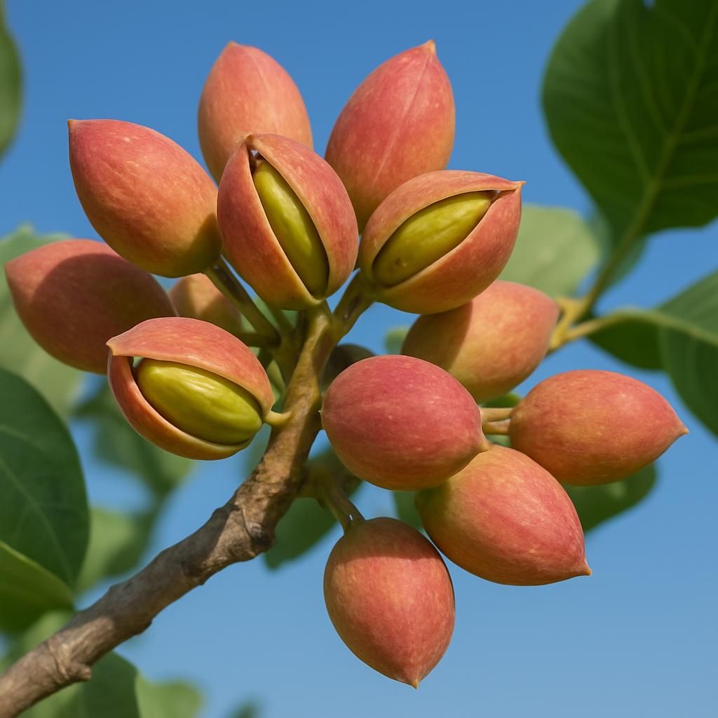 Close-up of mature Pistachio (Sirora) nuts showing split hulls and green kernels on the tree