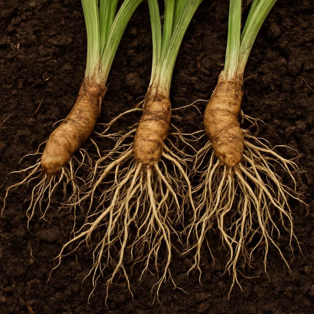 Close-up of plantain root system showing healthy corm and fibrous roots in fertile soil