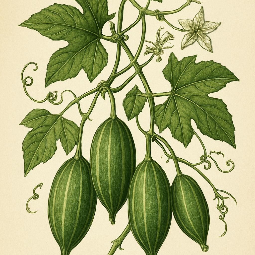 Close-up of a Pointed Gourd vine showcasing green cylindrical fruits on a sunny day.