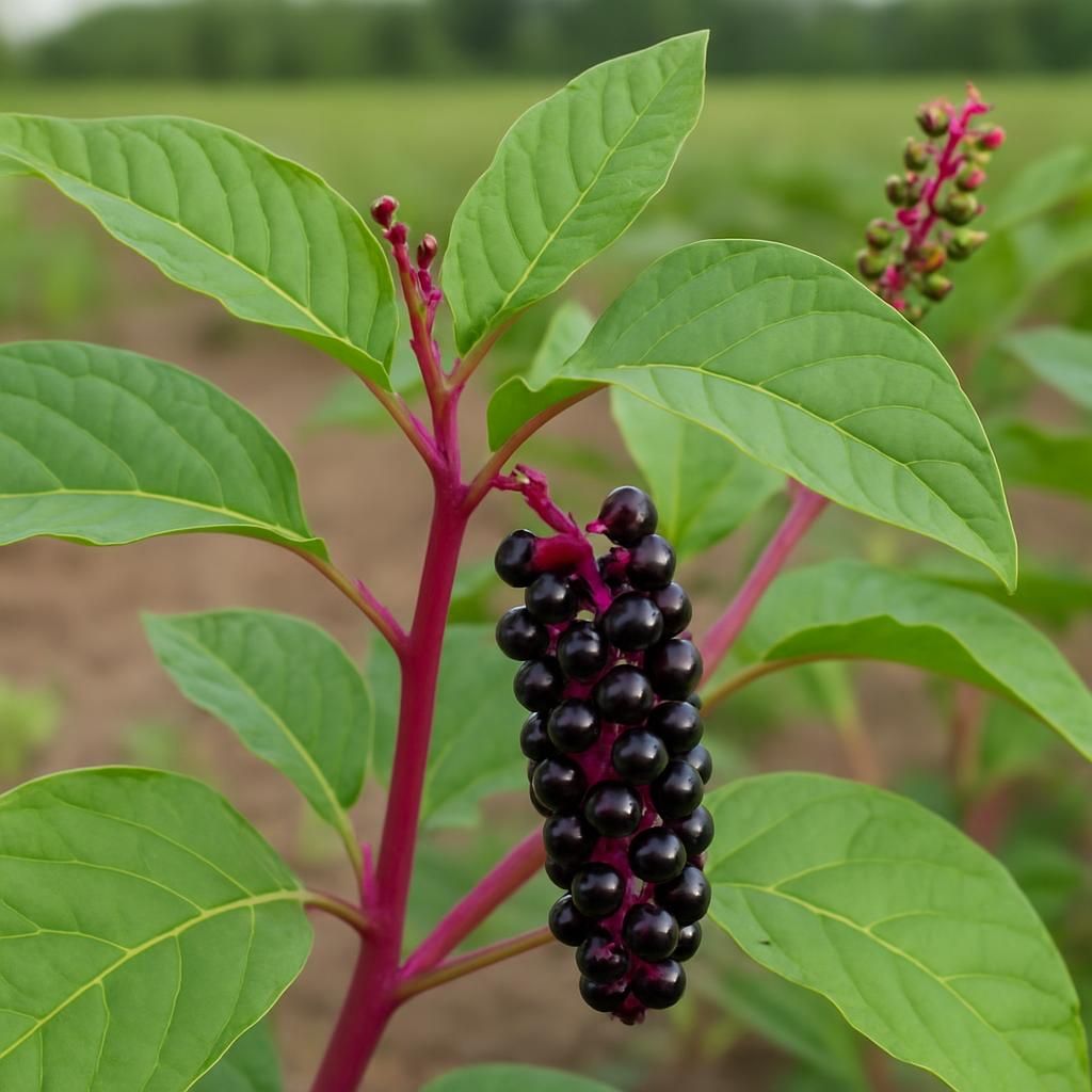Close-up of Poke Root plant with magenta stems and dark purple berries in a garden setting