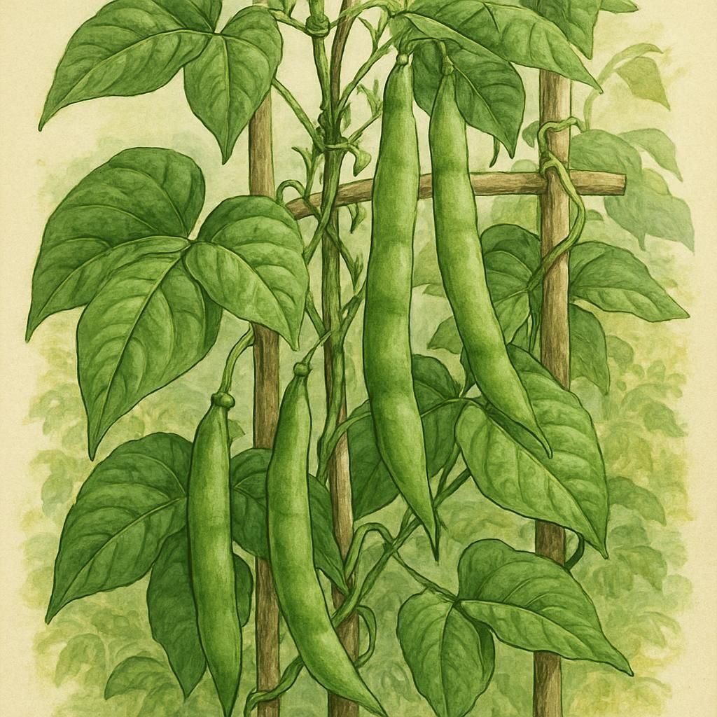 Close-up of Pole Bean Blue Lake 74 vines on a trellis in a sunlit garden, showcasing lush green leaves and pods.