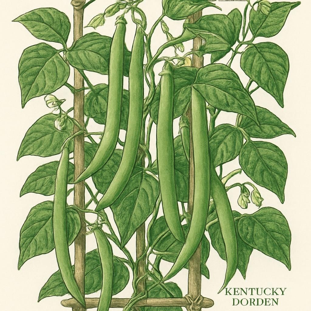 Close-up shot of Kentucky Wonder Pole Beans climbing a trellis showcasing lush green pods.