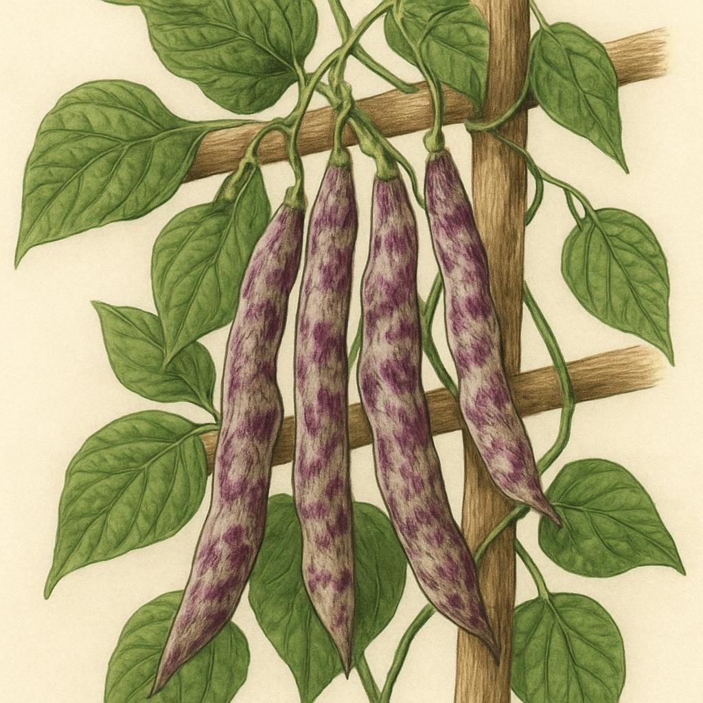 Close-up image of Rattlesnake Pole Bean vines with speckled pods.