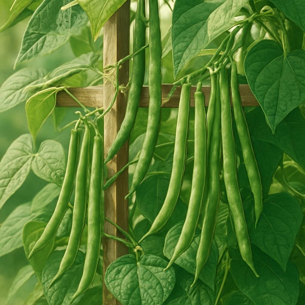Close-up of thriving pole bean plants on trellis with fresh green pods ready for harvest