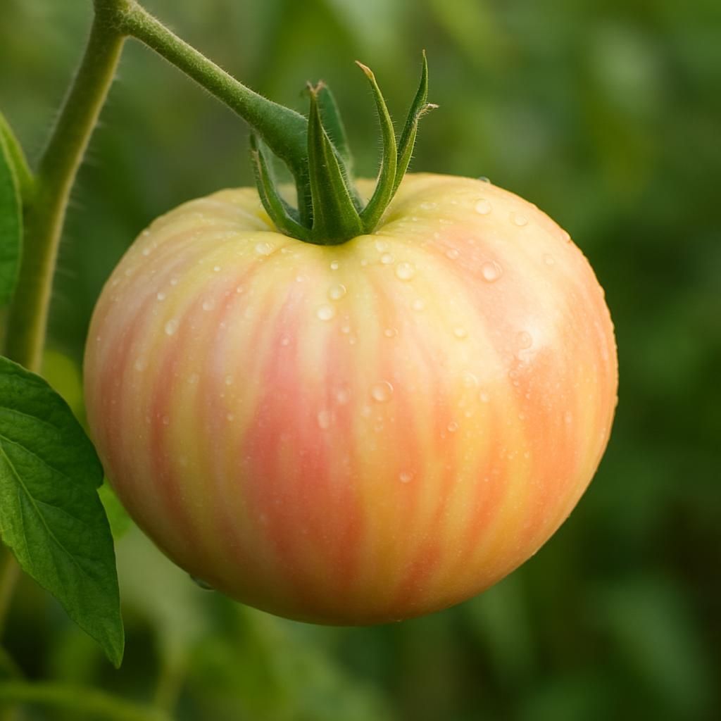 Ripe Polish Pastel Tomato showing unique pastel pink, yellow and cream marbling on the vine