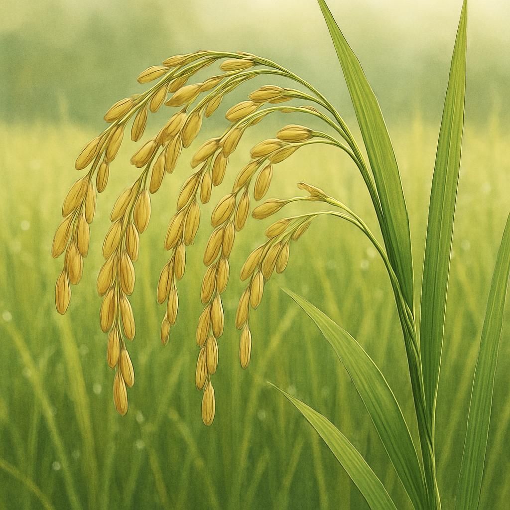 Close-up of Ponni Rice stalks growing in a lush Thanjavur paddy field.