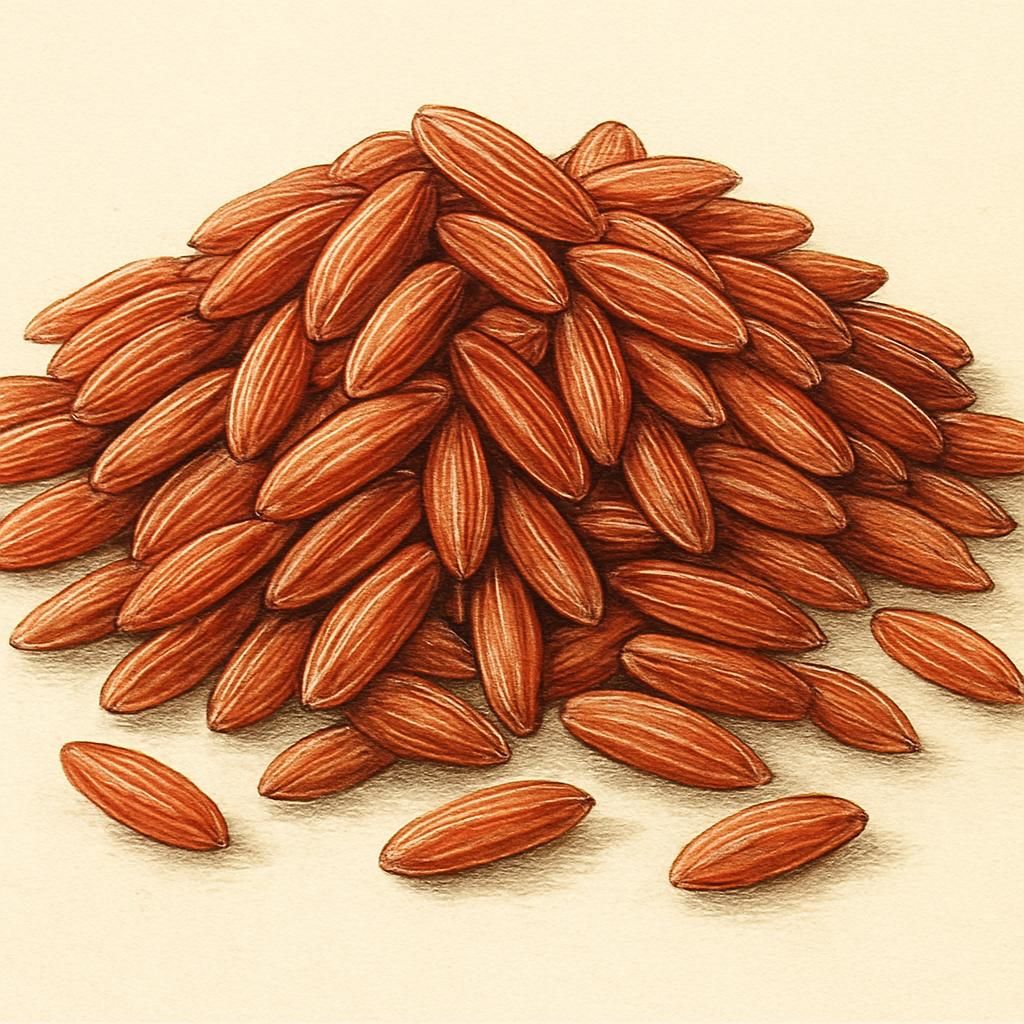 Close-up image of Poongar Rice highlighting the distinctive reddish grains.