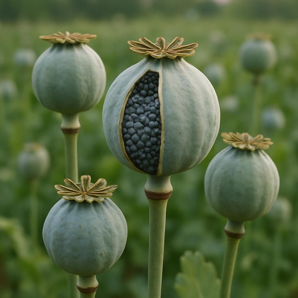 Close-up of blue poppy seed capsules showing characteristic blue-grey seeds ready for harvest