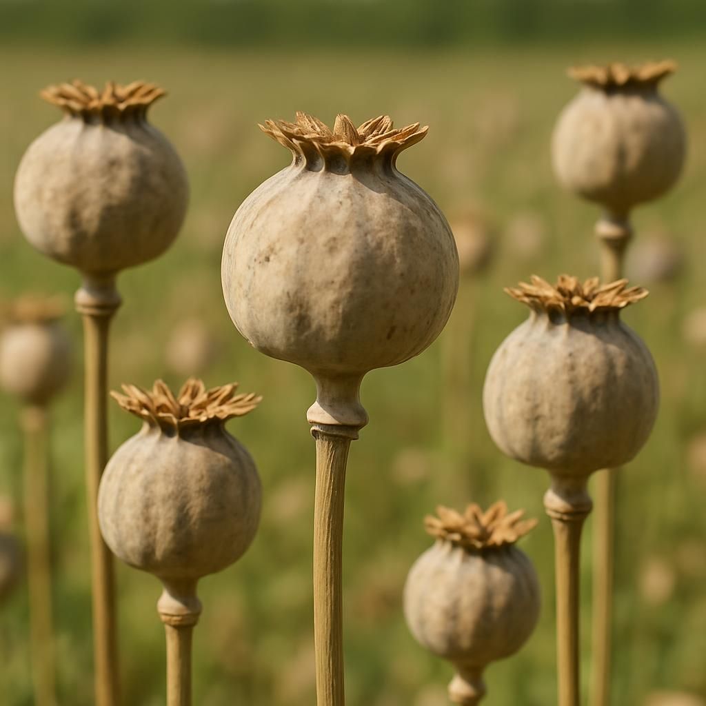 Close-up of breadseed poppy capsules ready for harvest in a commercial field