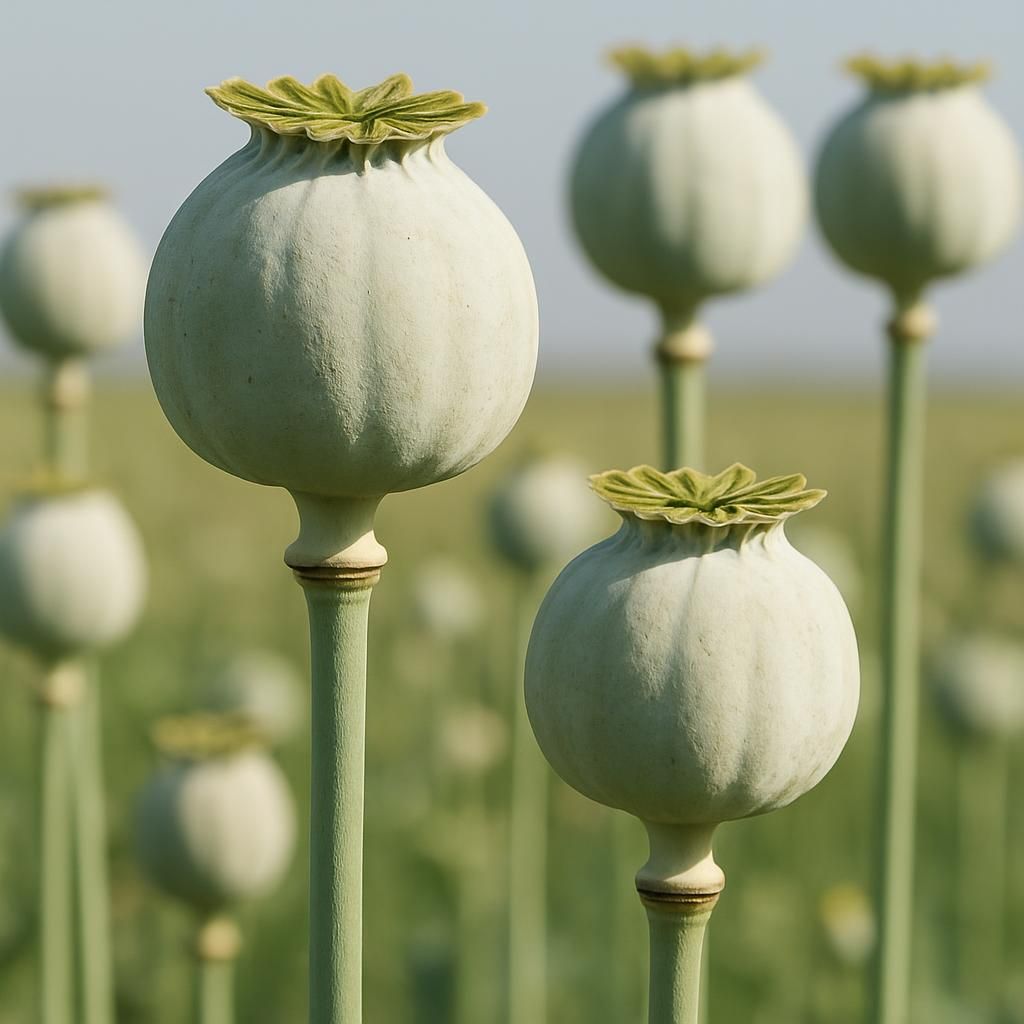 Close-up of white poppy seed capsules ready for harvest in a commercial field