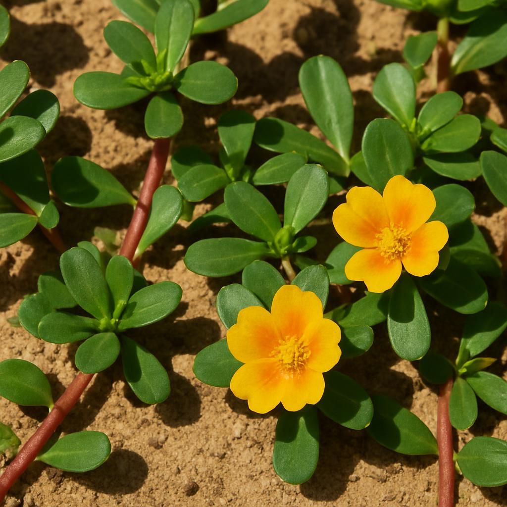 Close-up of thriving Portulaca plants with succulent leaves and colorful blooms in full sun garden setting