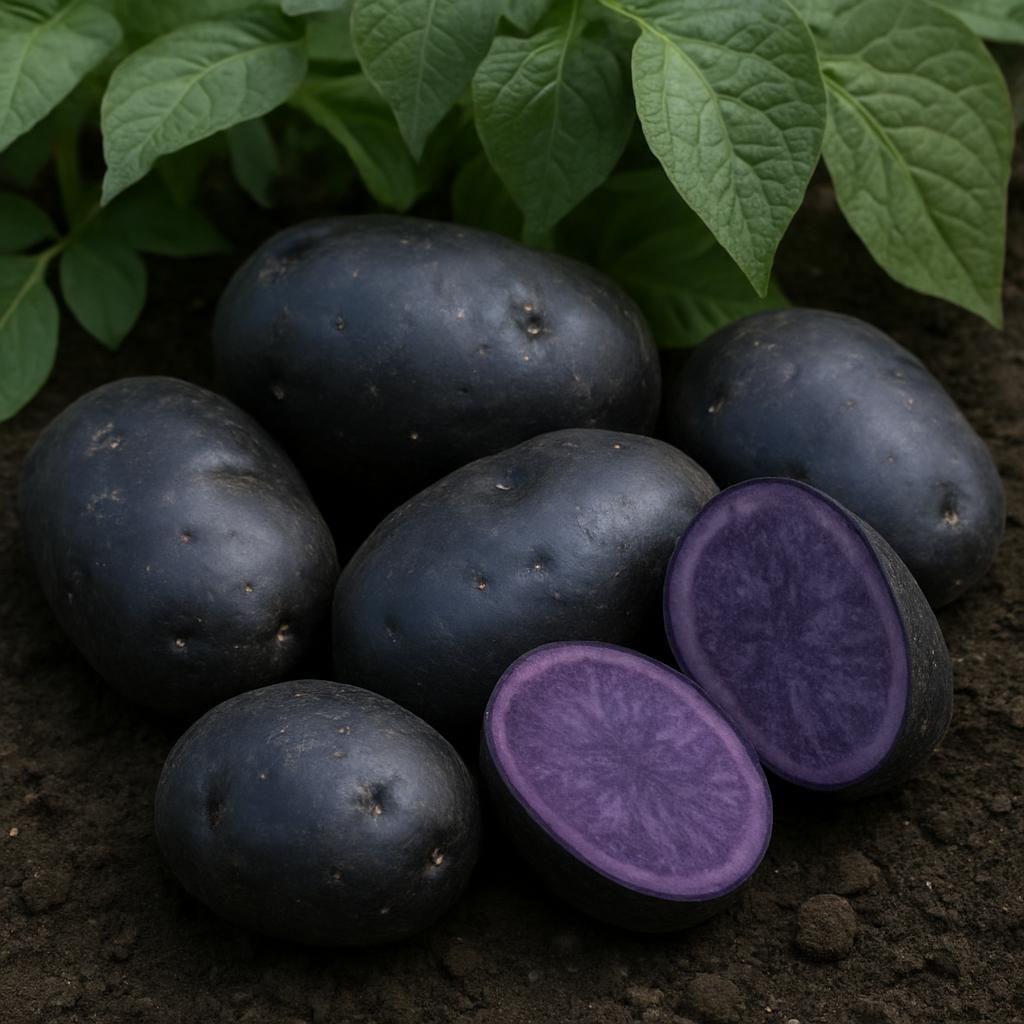 Close-up of vibrant blue-fleshed Adirondack Blue potatoes on soil with green leaves