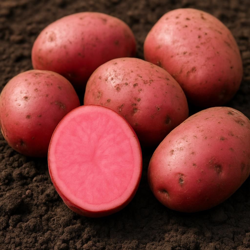 Freshly dug Adirondack Red potatoes displaying striking red skin and pink flesh on garden soil