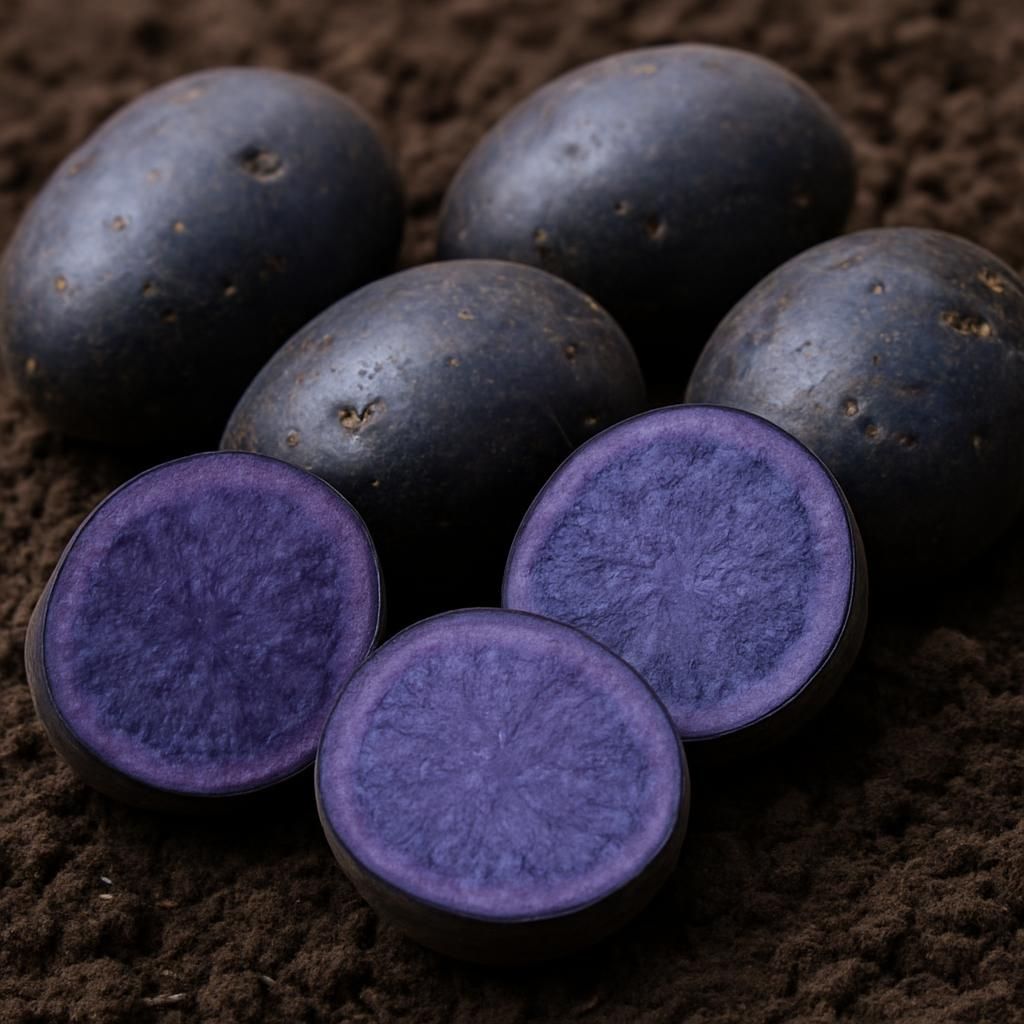Close-up of vibrant All Blue potatoes highlighting deep purple-blue skin and flesh on garden soil