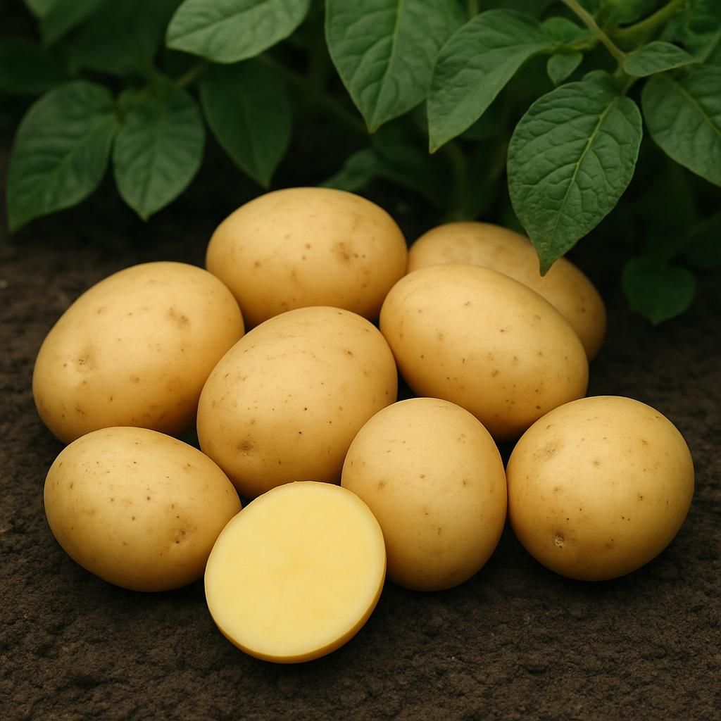 Close-up of freshly dug Bintje potatoes showing smooth yellow skin and firm flesh on garden soil