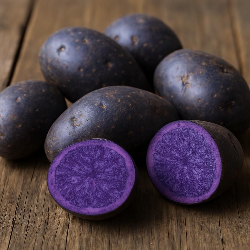 Freshly harvested Blaue Anneliese blue potatoes showing vibrant purple skin and flesh