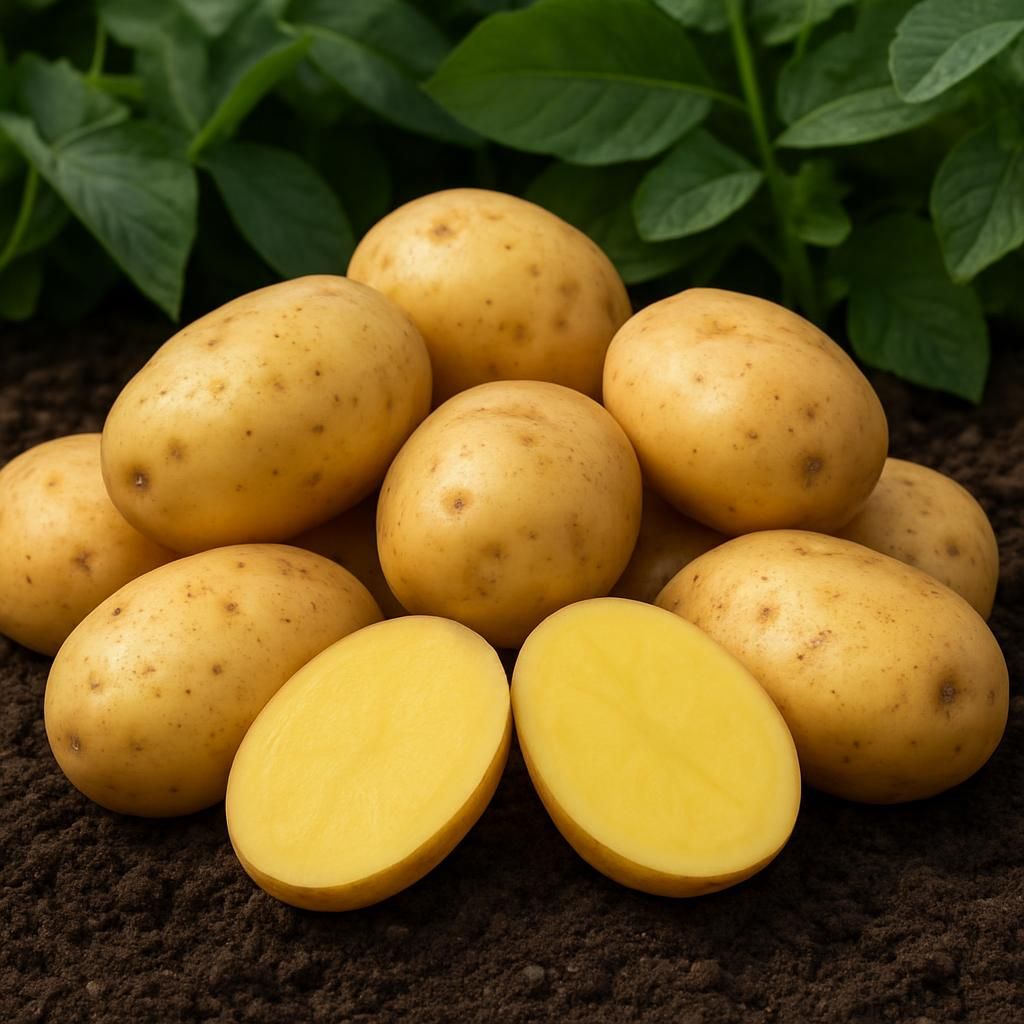 Freshly dug German Butterball potatoes with yellow flesh on garden soil