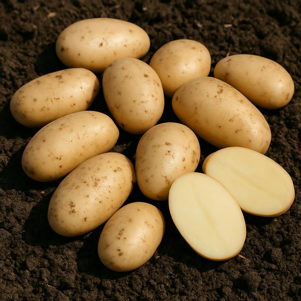 Freshly harvested Jersey Royal potatoes displaying classic kidney shape and thin skins