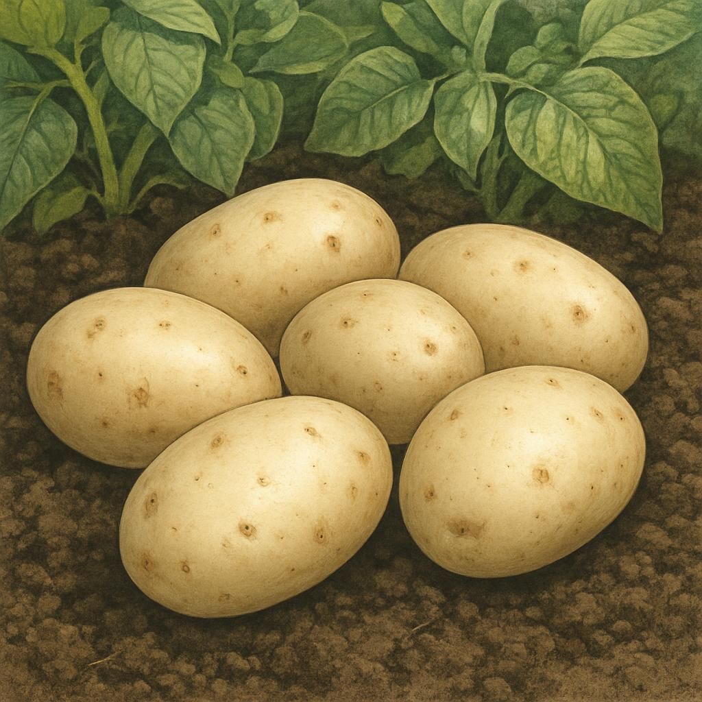 Close-up of large smooth white Kennebec potatoes harvested from garden soil