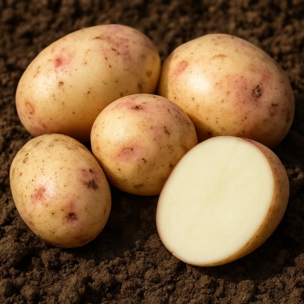 Freshly dug King Edward potatoes with pink-splashed skin and white flesh on garden soil