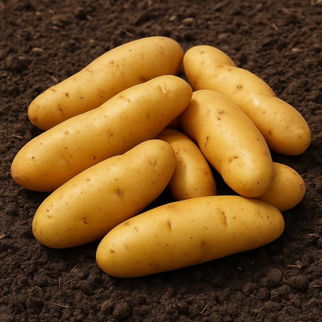 Freshly harvested La Ratte fingerling potatoes showing smooth yellow skin and elongated shape on garden soil
