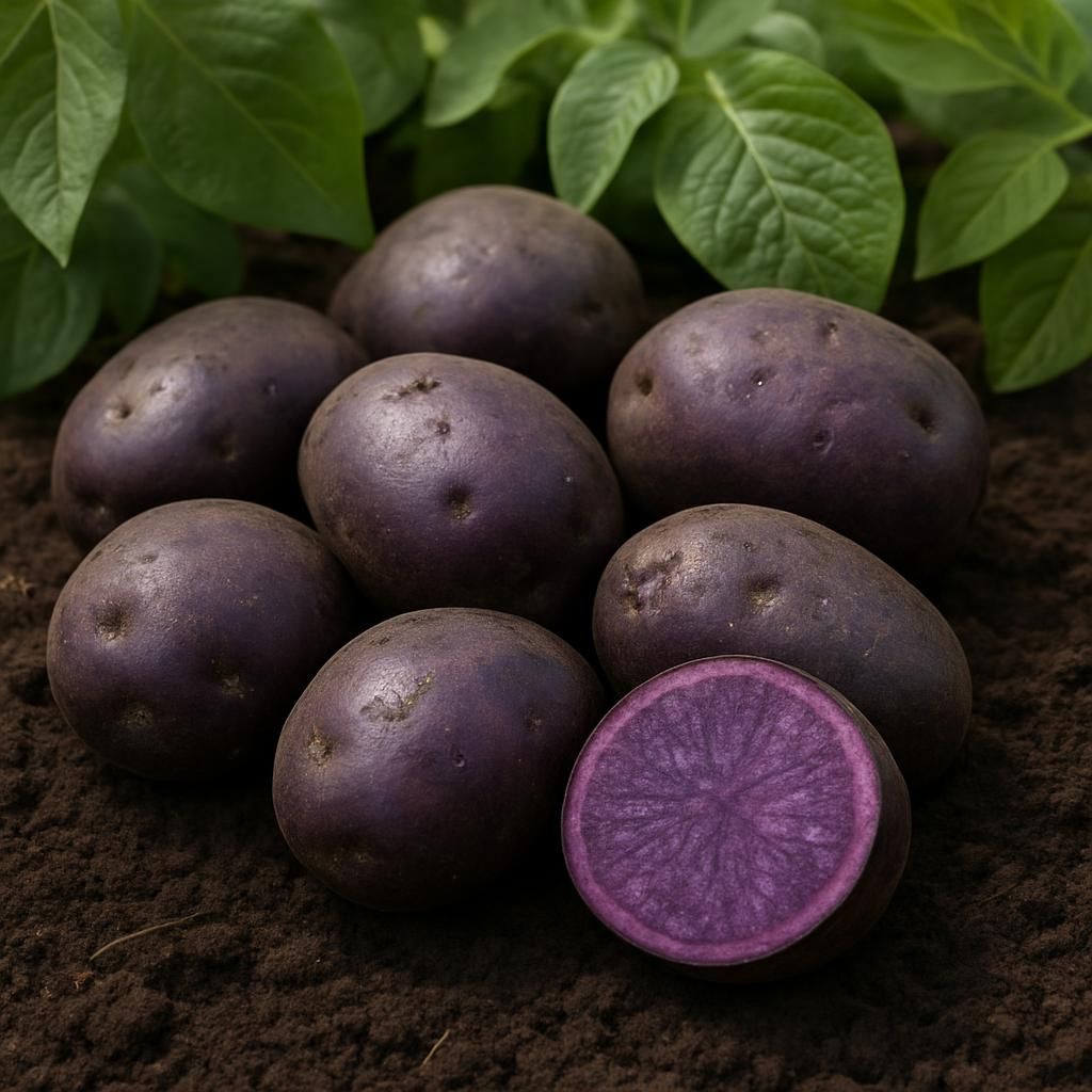 Freshly dug Magic Molly purple potatoes showing vivid skin and flesh color on garden soil