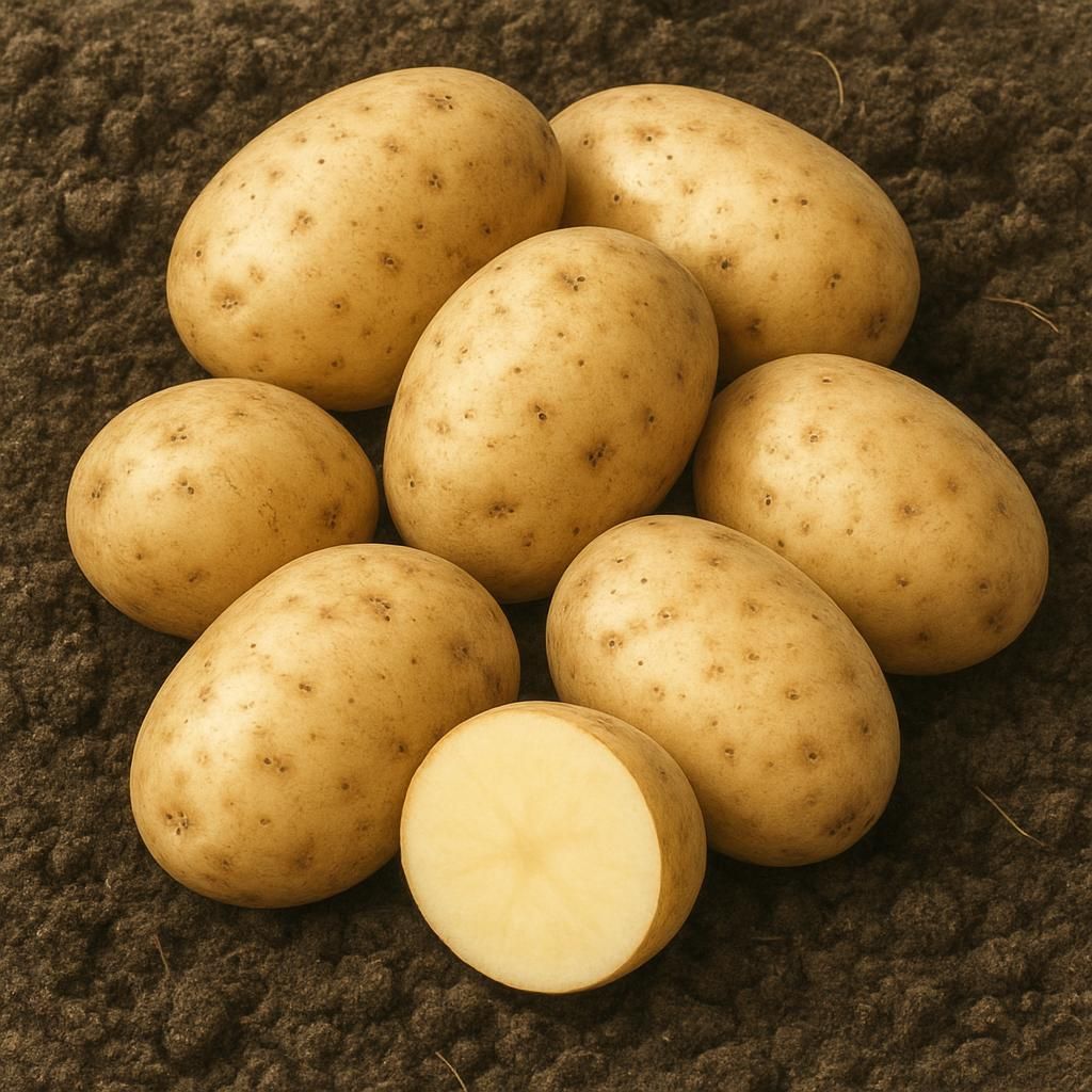 Freshly dug Maris Piper potatoes showing light-buff skin and creamy white flesh on soil