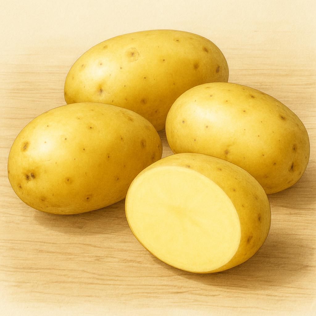 Freshly harvested Nicola potatoes with smooth yellow skin and creamy waxy flesh on wooden surface