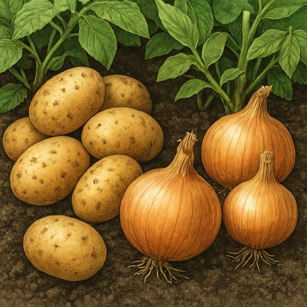 Close-up of harvested Potato Onion showing dual tubers and bulbs ready for curing and storage